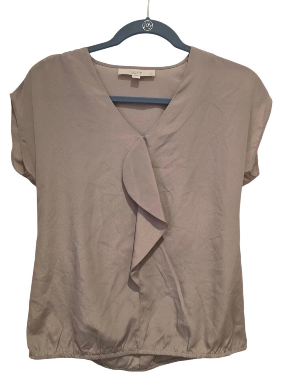 This taupe LOFT V-neck blouse   stylish cascading front ruffle Size XSP